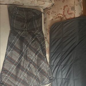 Linen and cotton strapless plaid dress with a bit of a sheen